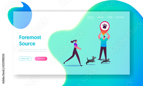 GPS Tracking for Escaped and Lost Pets Landing Page Template. Woman Catch Dog and Cat Running Fast, Male Character Hold Huge Geolocation Pin with Animal Paw Print. Cartoon People Vector Illustration