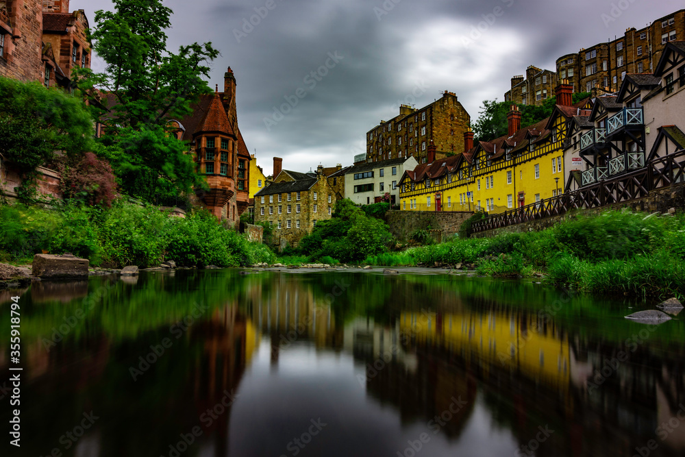 view from the river at the old town of Dean village, Edinburgh, Scotland, UK.