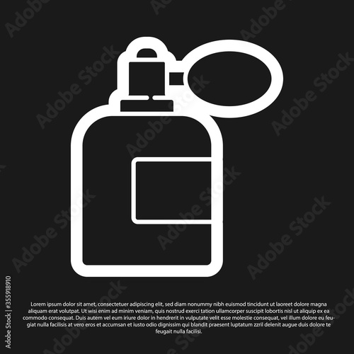 Black Aftershave bottle with atomizer icon isolated on black background. Cologne spray icon. Male perfume bottle. Vector Illustration