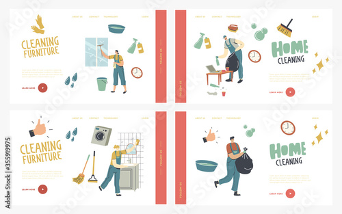 Cleaners Service Work Landing Page Template Set. Professional Janitor Characters in Uniform Clean Window, Bathroom and Living Room. Mopping Floor, Rub, Sweeping Home. Linear People Vector Illustration