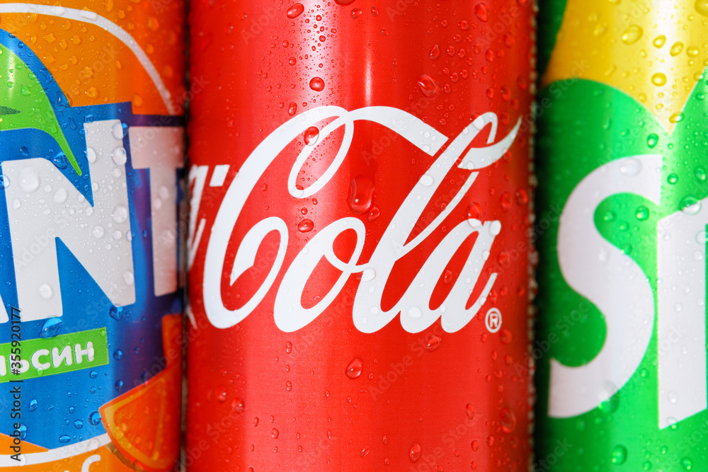 Tyumen, Russia-may 20, 2020: Close-up soda Coca Cola, Fanta