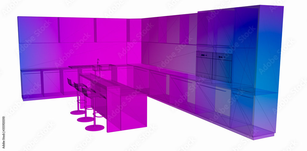 Fototapeta premium Original 3d rendering of a home kitchen; original 3d model, copy space image
