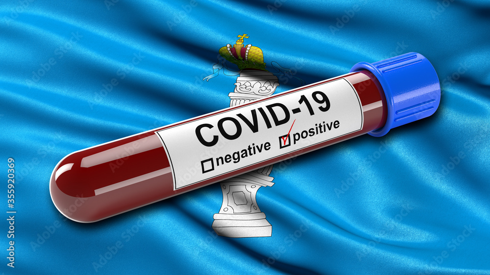 Flag of Ulyanovsk Oblast waving in the wind with a positive Covid-19 blood test tube. 3D illustration concept for blood testing for diagnosis of the new Corona virus. Flag of Ulyanovsk Oblast waving in the wind with a positive Covid-19 blood test tube. 3D illustration concept for blood testing for diagnosis of the new Corona virus.