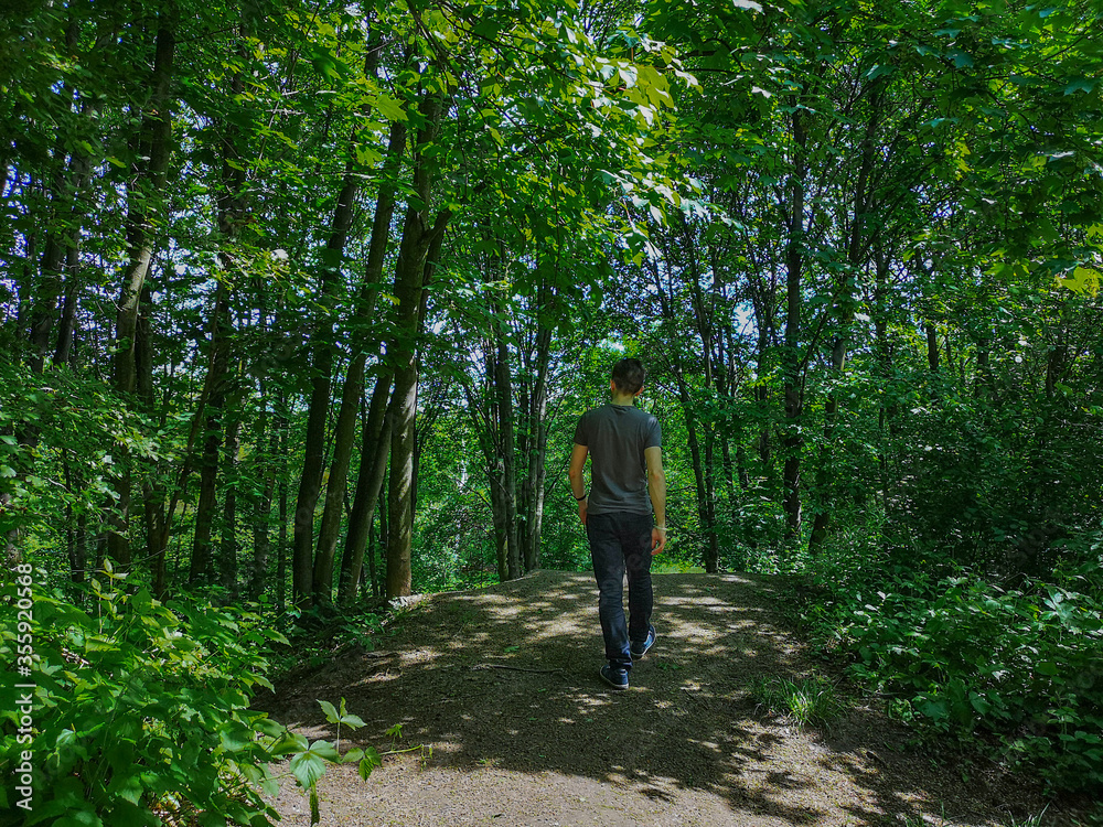 Man in t-shirt at edge of hill in park with thin trees Man in t-shirt at edge of hill in park with thin trees