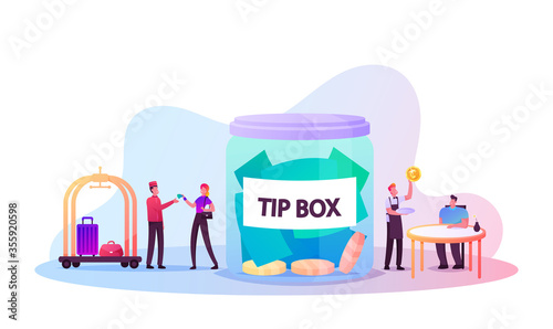 People Paying Tips to Service Staff in Restaurant and Hotel. Tiny Clients and Employees Characters at Huge Glass Jar with Money Coins on Bottom. Hospitality, Hostess. Cartoon Vector Illustration