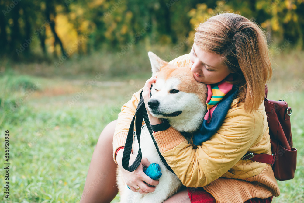 Girl plays with husky white ginger dog in park in fresh air. Feeling portrait of woman and cute foxy dog close-up. Beautiful red husky dog playing with girl in autumn colors. Walking pet with owner. Girl plays with husky white ginger dog in park in fresh air. Feeling portrait of woman and cute foxy dog close-up. Beautiful red husky dog playing with girl in autumn colors. Walking pet with owner.