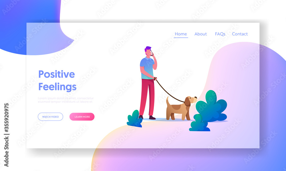 Leisure with Puppy, Communicating with Animal Landing Page Template. Man Walking with Dog Outdoors. Male Character Speaking by Mobile Spend Time with Pet in Park, Relaxing. Cartoon Vector Illustration
