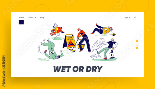 Wet Floor Caution Landing Page Template. Characters Slipping and Falling around of Janitor Cleaning Floor in Airport, Office or Public Place. People Get Trauma, Injure. Linear Vector Illustration