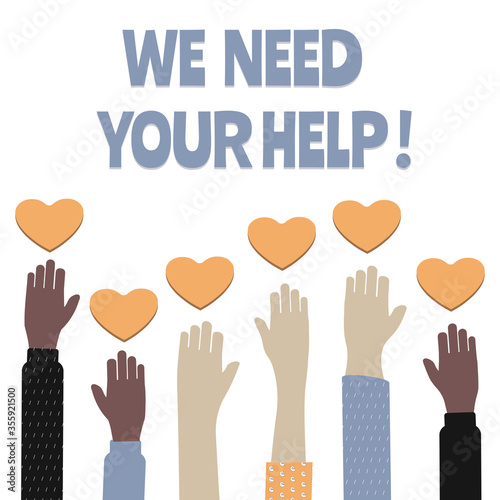 Voluntary, charity and donation flat vector illustration, charity and  fostering, social help. Hands holding a heart symbol. We need your help inscription