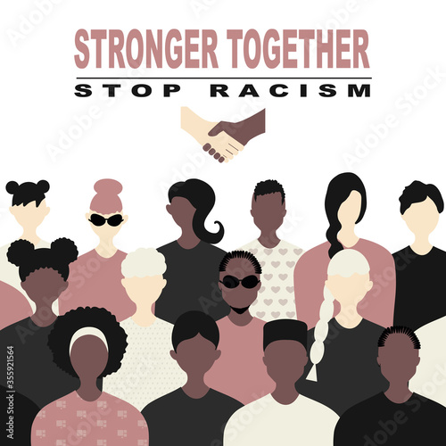 Stop racism and stronger together concept. BLM, Black lives matter,  African Americans and white people against racism, protest banners and posters about Human Right of Black People in US