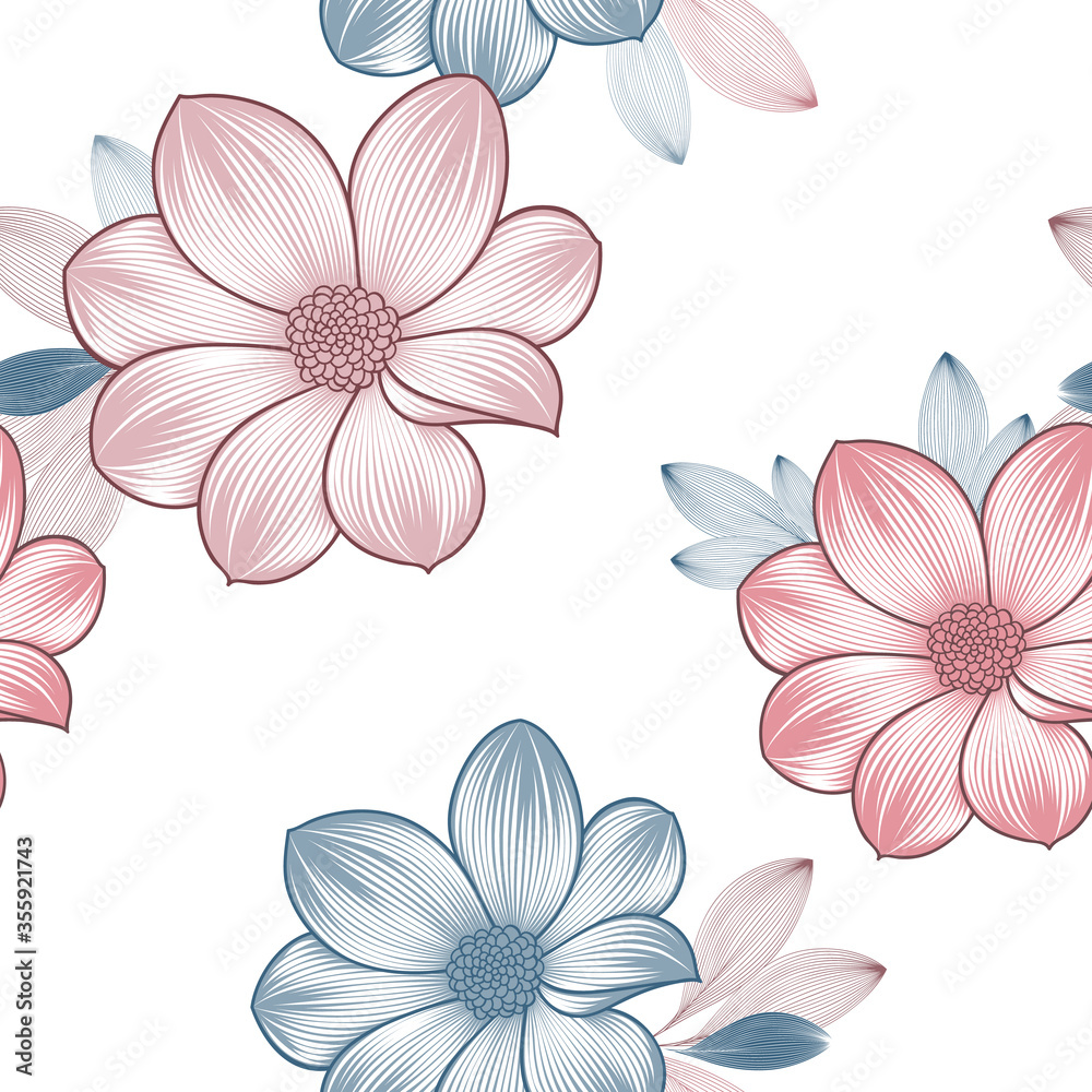 Floral seamless pattern with blue dahlia flowers. Vector elements for wallpaper, wall decor, creativity, cards, invitations. Floral seamless pattern with blue dahlia flowers. Vector elements for wallpaper, wall decor, creativity, cards, invitations.