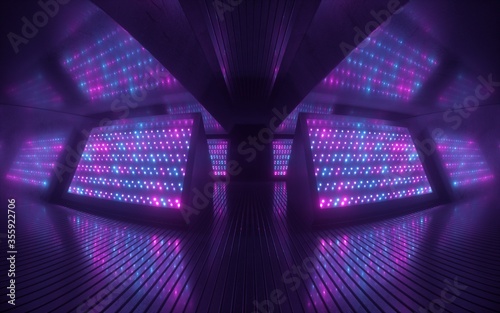 Fototapeta Naklejka Na Ścianę i Meble -  3d render, violet neon light abstract background. Futuristic technology concept. Night club empty room interior, tunnel or corridor, glowing panels, fashion podium, performance stage decorations
