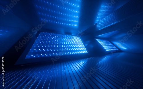 Fototapeta Naklejka Na Ścianę i Meble -  3d render, blue neon abstract background, ultraviolet light, night club empty room interior, tunnel or corridor, glowing panels, fashion podium, performance stage decorations,