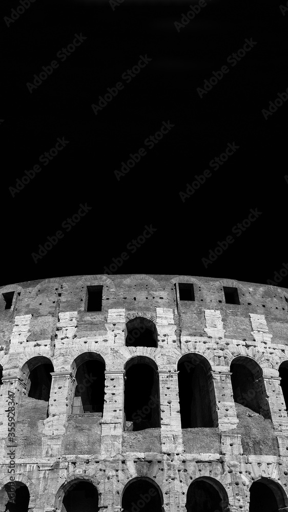 Coliseum marble and bricks monumental arcades in Rome (Black and White with copy space above)