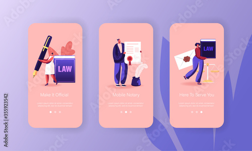 Notary Professional Service Mobile App Page Onboard Screen Template. Tiny Characters Visiting Attorney Public Office for Signing and Legalization Documents Concept. Cartoon People Vector Illustration