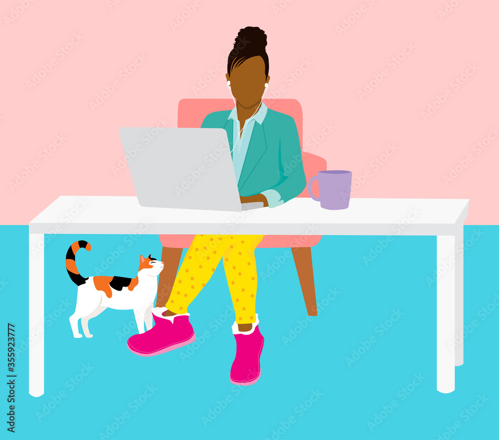 Work from home concept - woman in home office working on laptop looking professional on top and casual pajamas below Work from home concept - woman in home office working on laptop looking professional on top and casual pajamas below