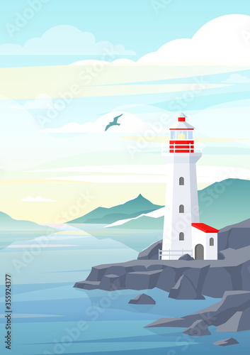 Vector illustration of lighthouse on rock stones island landscape. Blue sea background with mountains, beautiful sky and lighthouse. Navigation Beacon building in ocean.