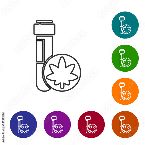 Black line Chemical test tube with marijuana or cannabis leaf icon isolated on white background. Research concept. Laboratory CBD oil. Set icons in color circle buttons. Vector Illustration