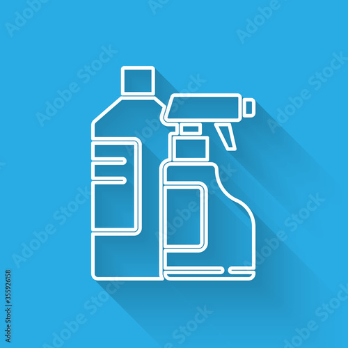 White line Plastic bottles for laundry detergent, bleach, dishwashing liquid or another cleaning agent icon isolated with long shadow. Vector Illustration