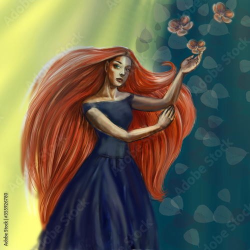 Digital illustration with a young woman with lomg red hair in blue dress against yellow and turquoise background. Beauty and youth image, female sexuality. photo