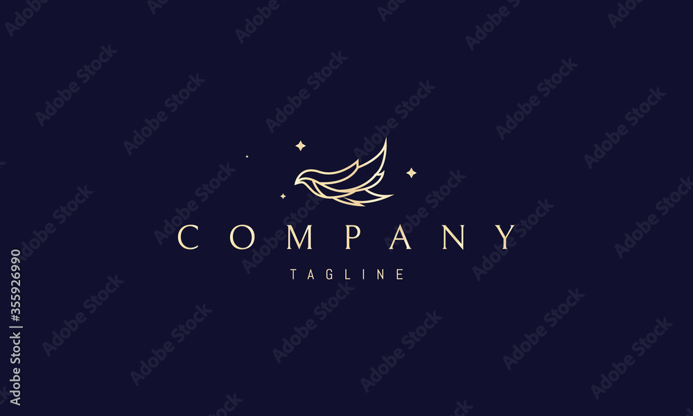 Vector golden logo on which an abstract image of a beautiful flying bird in a linear style.