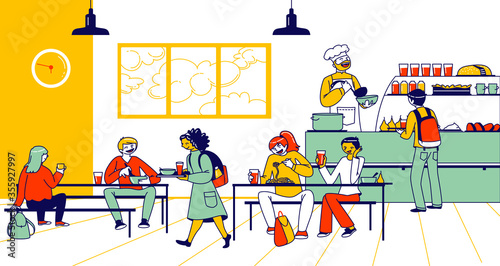 Children Eat in School Cafe. Cafeteria Interior with Tables and Chairs  Kids with Food Trays and Staff Character at Canteen Counter Bar Giving Meals to Schoolers. Linear People Vector Illustration