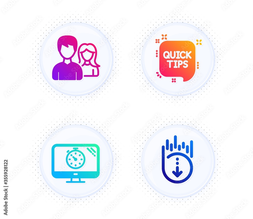 Quick tips, Teamwork and Seo timer icons simple set. Button with halftone dots. Scroll down sign. Helpful tricks, Man with woman, Analytics. Swipe screen. Business set. Vector