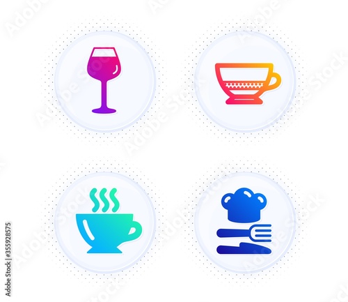 Bordeaux glass, Coffee and Bombon coffee icons simple set. Button with halftone dots. Food sign. Wine glass, Cappuccino, Cafe bombon. Chef hat. Food and drink set. Vector
