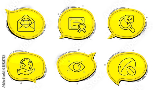 Web mail sign. Diploma certificate, save planet chat bubbles. Soy nut, Medical analyzes and Health eye line icons set. Vegetarian food, Medicine, Optometry. World communication. Business set. Vector