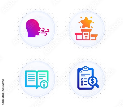 Winner podium, Breathing exercise and Technical info icons simple set. Button with halftone dots. Accounting report sign. First place, Breath, Documentation. Check finance. Education set. Vector