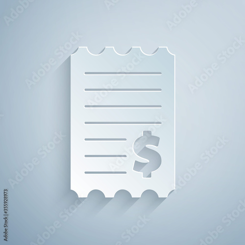 Paper cut Paper check and financial check icon isolated on grey background. Paper print check, shop receipt or bill. Paper art style. Vector Illustration