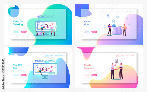 Microeconomics Landing Page Template Set. Tiny Characters Local Business Increase Money Profit, Product Positive Value. Individual Company Resources Price Balance. Cartoon People Vector Illustration