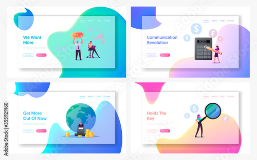 Macroeconomics, Gdp Gross Domestic Product Landing Page Template Set. Tiny Characters Finance Money Budget Positive Capital Income Rate. People Study Global Basic Economy. Cartoon Vector Illustration