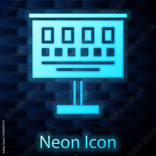 Glowing neon Eye test chart icon isolated on brick wall background. Poster for vision testing in ophthalmic study. Snellen chart. Vector Illustration
