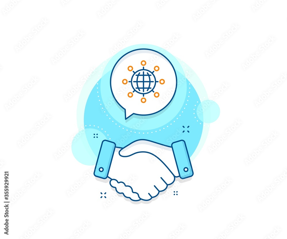 International work symbol. Handshake deal complex icon. Business networking line icon. Global communication sign. Agreement shaking hands banner. International globe sign. Vector International work symbol. Handshake deal complex icon. Business networking line icon. Global communication sign. Agreement shaking hands banner. International globe sign. Vector