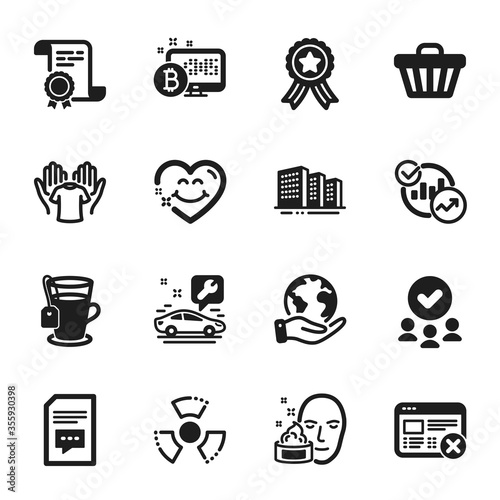 Set of Business icons, such as Face cream, Hold t-shirt. Certificate, approved group, save planet. Shop cart, Statistics, Smile face. Comments, Bitcoin system, Car service. Vector