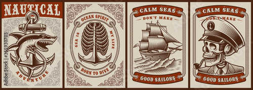Set of color posters on the theme nautical with a vintage ship, skull captain, shark.
