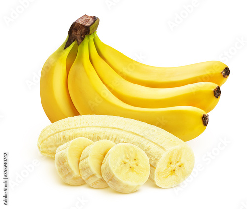 Banana isolated on white background, whole and sliced