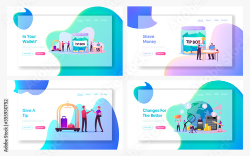 Macroeconomics, Hospitality, Hostess Landing Page Template Set. People Paying Tips to Service Staff in Restaurant and Hotel. Tiny Characters Finance Gdp Money Budget Rate. Cartoon Vector Illustration