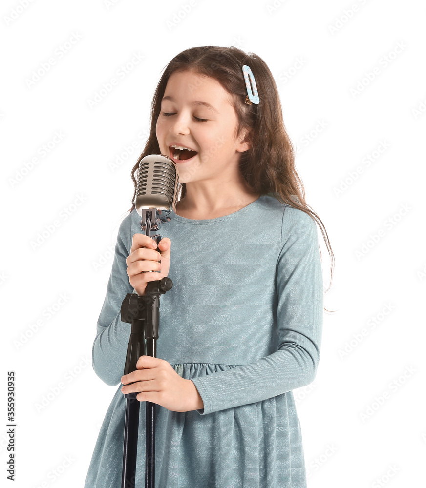 Cute little girl singing against white background Cute little girl singing against white background