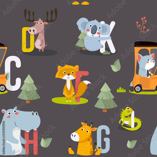 Fototapeta Naklejka Na Ścianę i Meble -  Seamless pattern with various cute and funny cartoon zoo animals on background fox, giraffe, cat, deer, iguana, hippopotamus, koala bear. Colorful vector illustration for fabric print, 