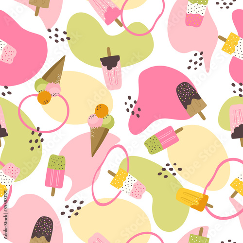 Colorful fun summer seamless pattern with colorful popsicale and ice cream and abstract shapes and blobs. Beach and summertime vacation holidays repeating background for fabric, textile, branding