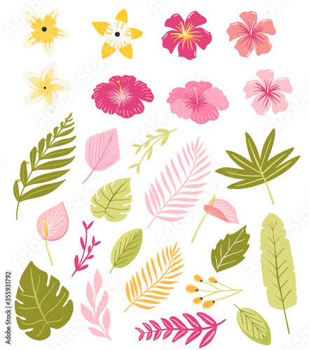 Set of exotic tropical flowers, leaves and branches. Summer tropical bright greenery clipart illustration in vector scandinavian style for decorating poster, card, party invitation design