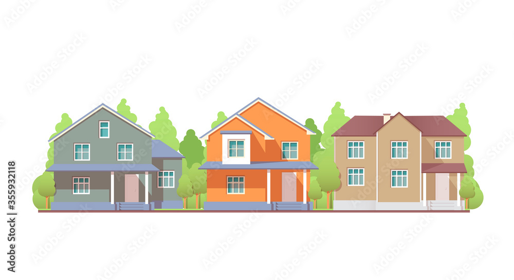 Colorful residential houses. Front view with roof. Vector illustration isolated on white background