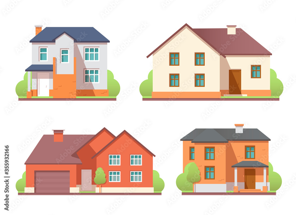 Houses exterior set. Vector flat illustration isolated on white background