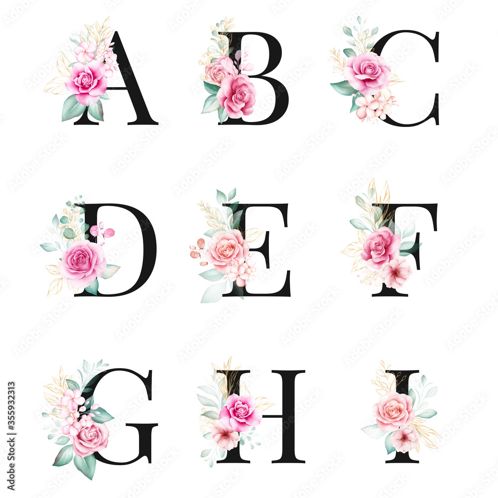 Floral alphabet set of letters A, B, C, D, E, F, G, H, I with