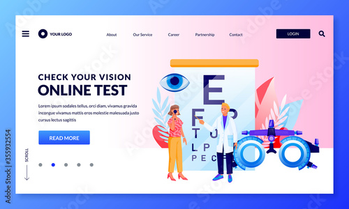 Eyesight check and eye care concept. Doctor and patient do vision test. Vector flat cartoon characters illustration