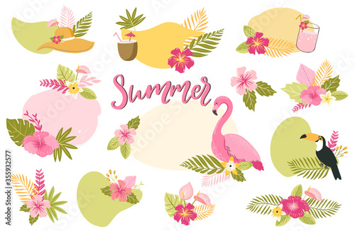 Set of summer clipart elements. Tropical leaves and flowers, beach and summer party clipart illustration in scandinavian style