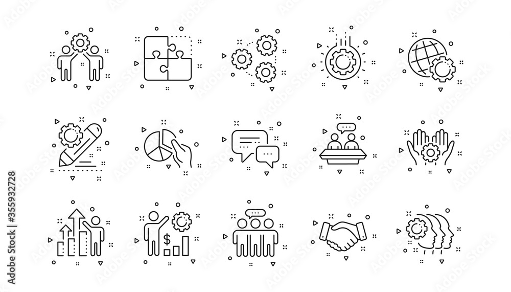 Business strategy, handshake and people collaboration. Employees benefits line icons. Teamwork, social responsibility, people relationship icons. Linear set. Geometric elements. Vector Business strategy, handshake and people collaboration. Employees benefits line icons. Teamwork, social responsibility, people relationship icons. Linear set. Geometric elements. Vector