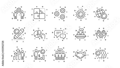 Business strategy, handshake and people collaboration. Employees benefits line icons. Teamwork, social responsibility, people relationship icons. Linear set. Geometric elements. Vector